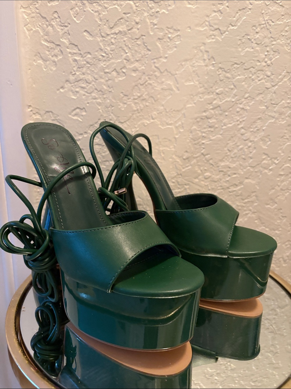 So Me Dark Green Lace-Up Platform Heels